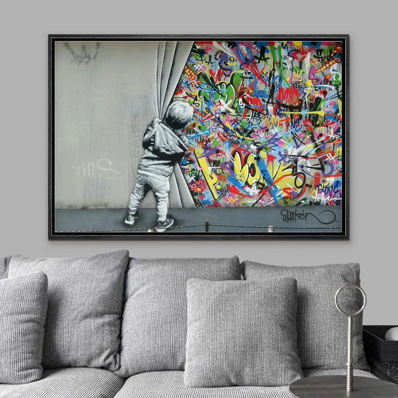 Pop Urban Street Banksy British Artist Kid Spray Paint Curtain Illusion  Colorful Large Canvas Print Wall Art Black Floater Framed 12